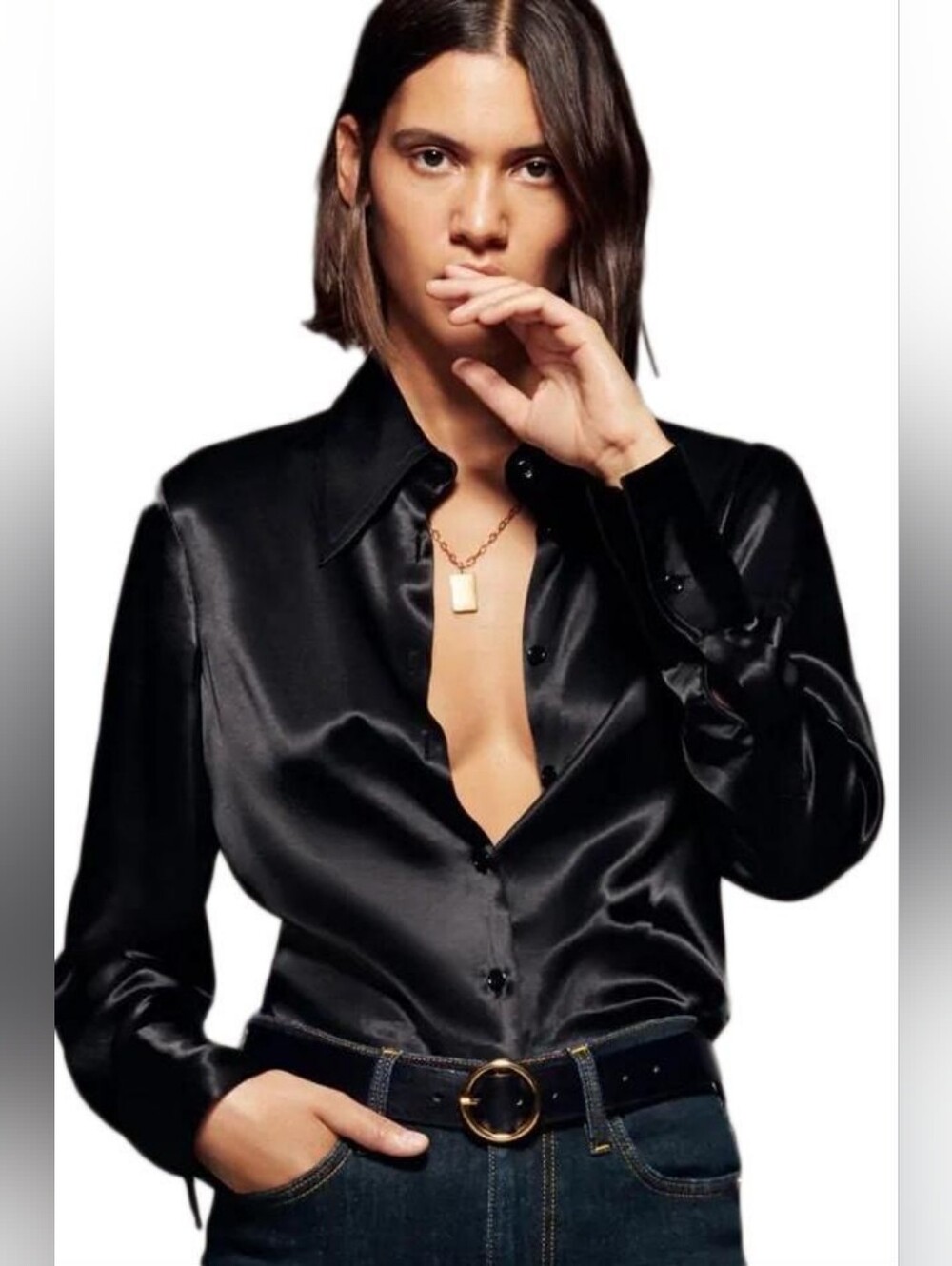 ZARA Silky Satin Black Button-Front Shirt NEW